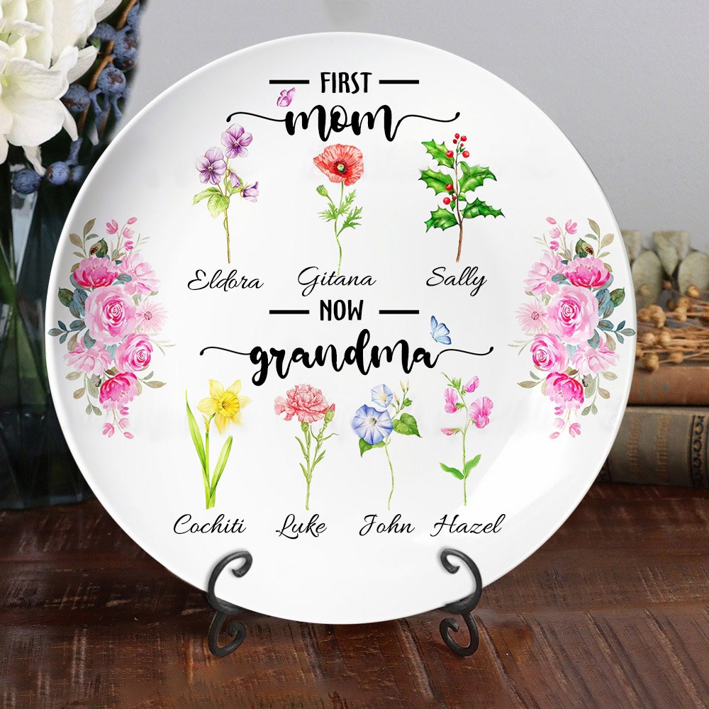 Personalized First Mom Now Grandma Birth Flower Platter Mother's Day Gift