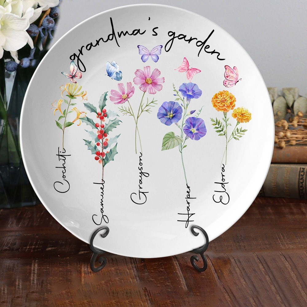 Personalized Birth Flower Platter with Kids Names Mother's Day Gift