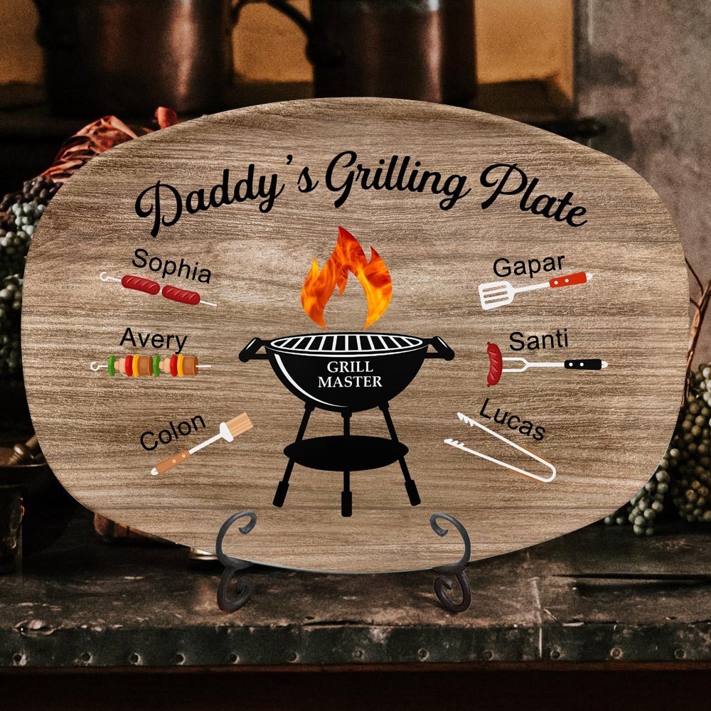 Personalized BBQ Daddy's Grilling Plate with Kids Names Father's Day Gift