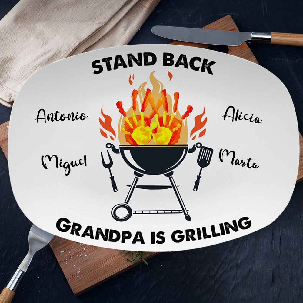 Personalized Stand Back Grandpa Is Grilling Plate Father's Day Gift