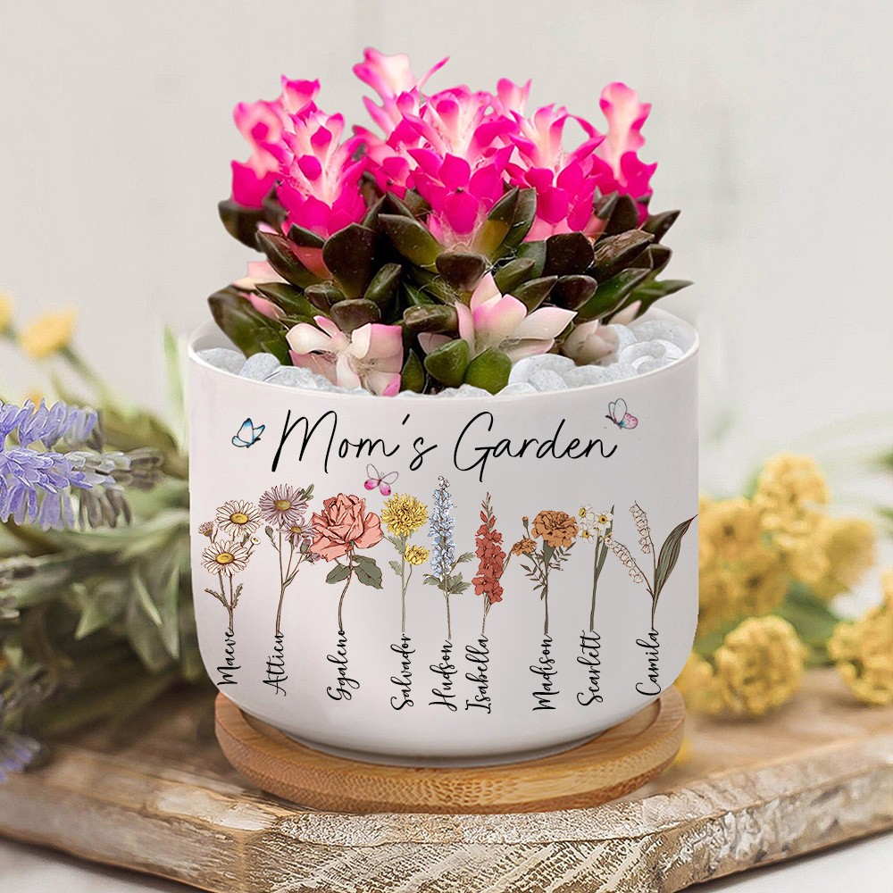 Personalized Birth Flower Print Art Pot with Names for Her