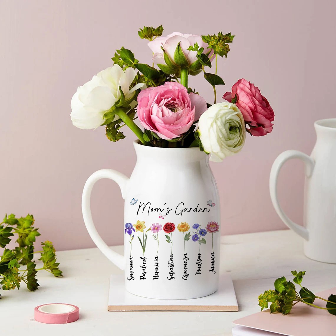 Personalized Mom's Birth Flower Vase with Kids Names