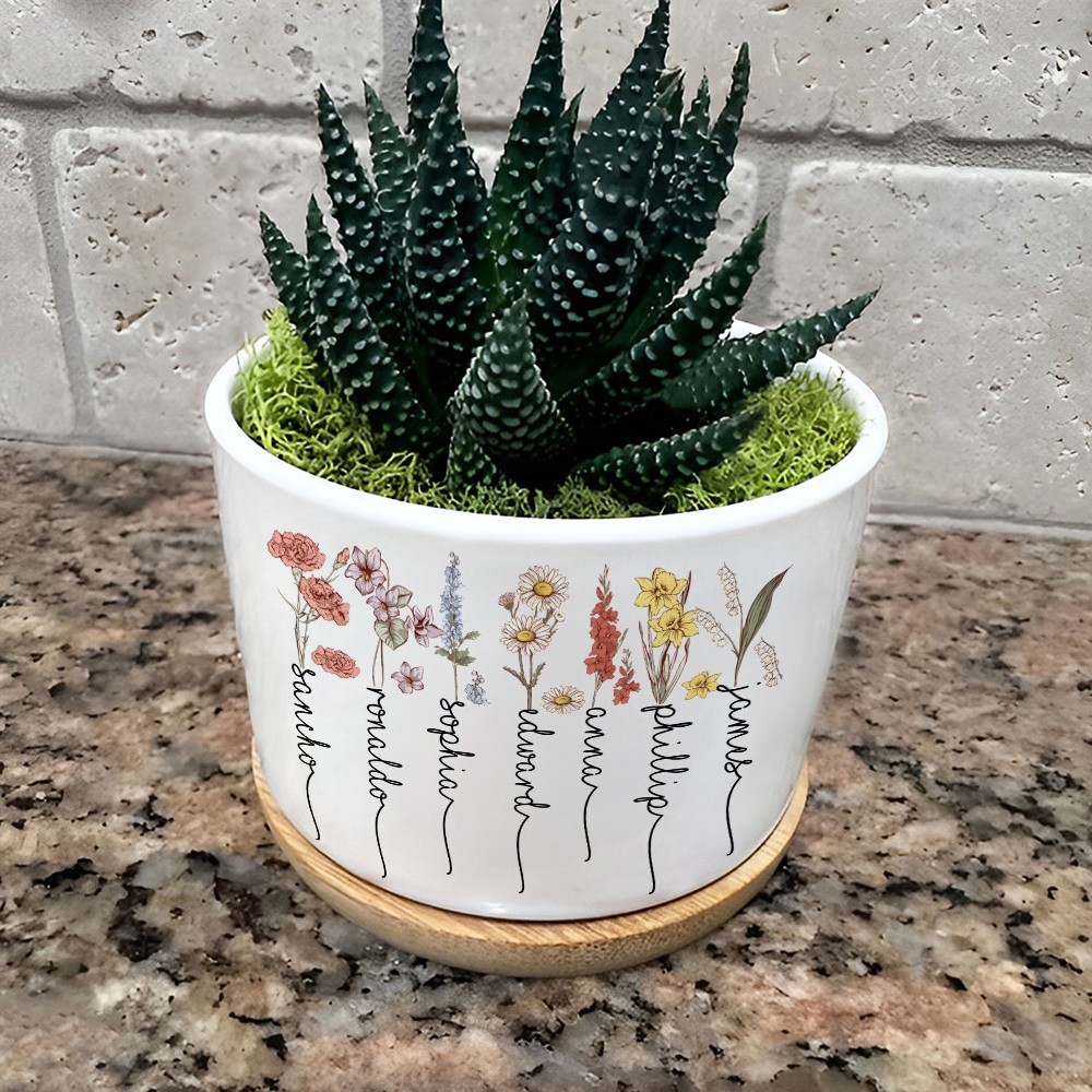 Personalized Birth Flower Succulent Pot with Engraved Names