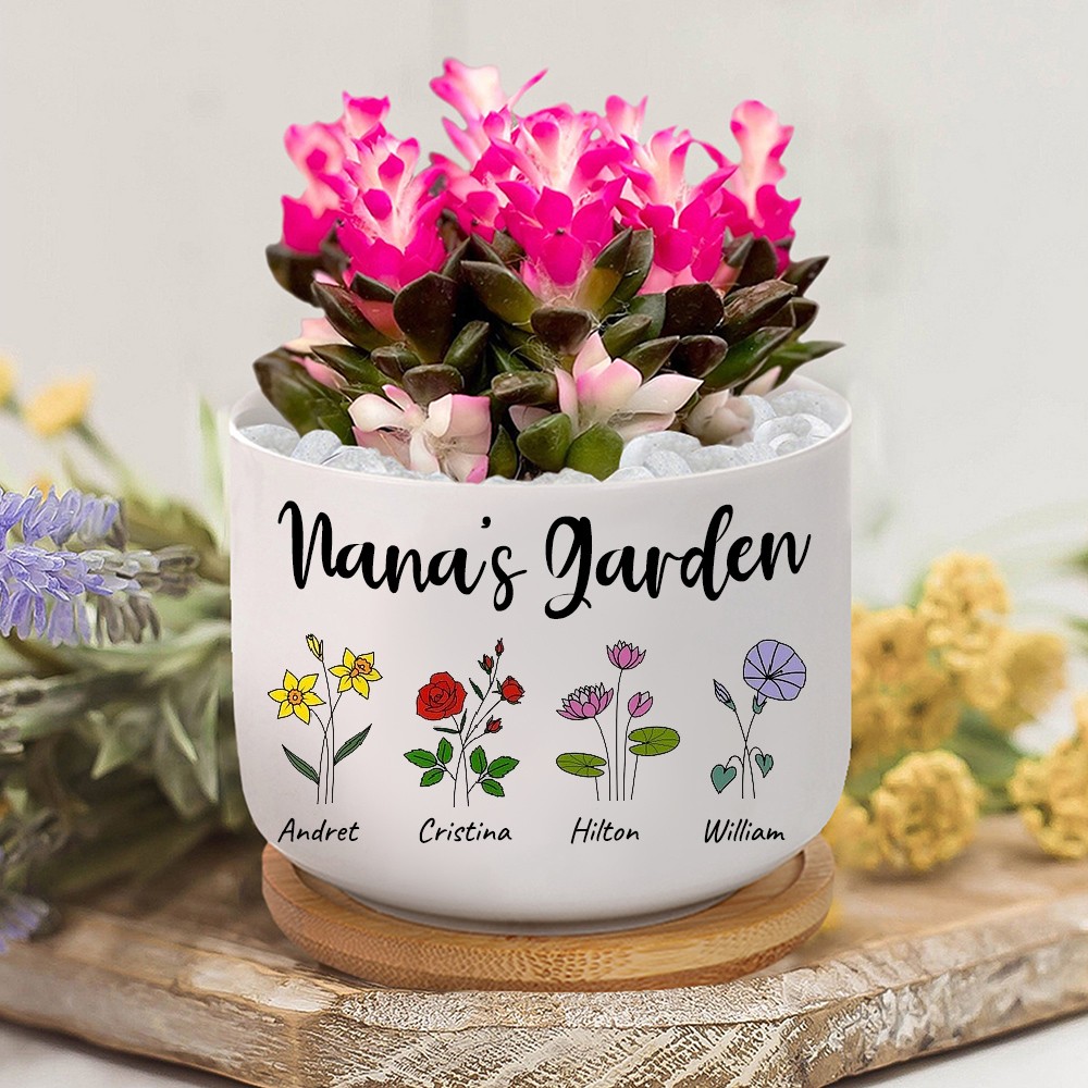 Personalized Birth Flower Print Art Pot for Grandma，Mom 