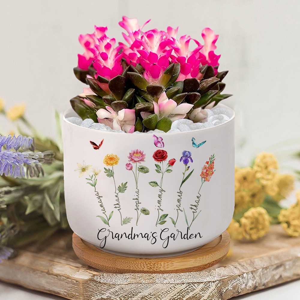 Personalized Birth Flower Pot with Engraved Names for Her