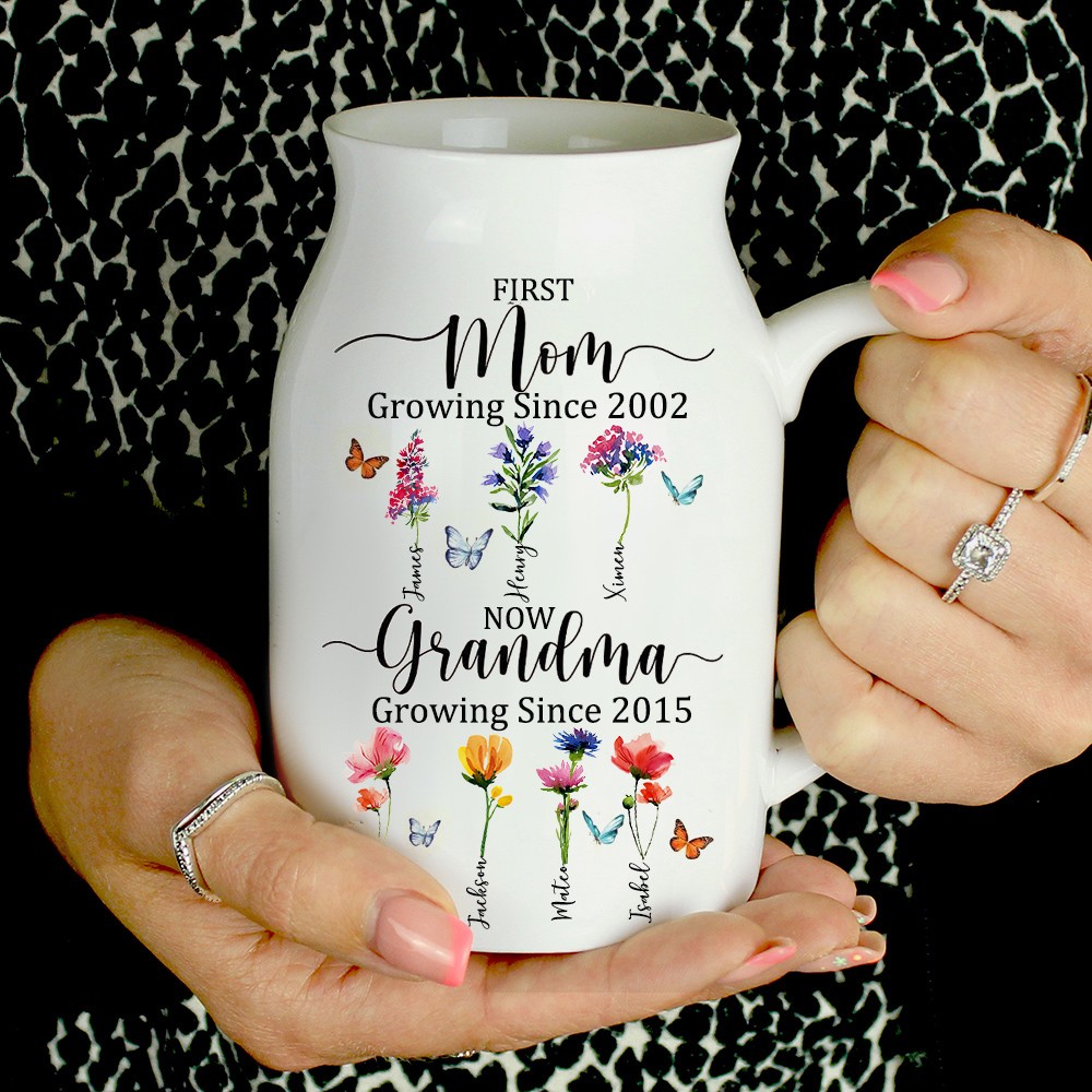 Custom First Mom Now Grandma Birth Month Flowers Vase Gift For Mom Grandma Mother's Day Gift Ideas