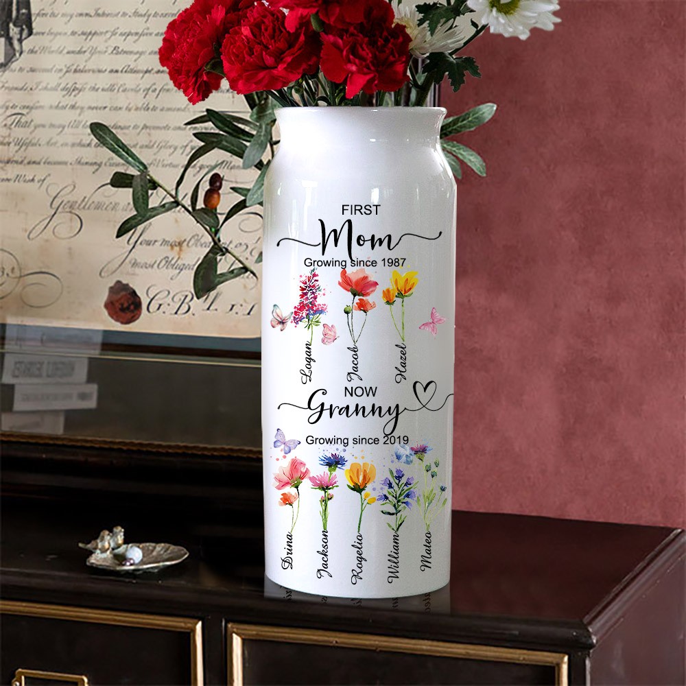 Personalized First Mom Now Granny Birth Flower Vase Mother's Day Gift 