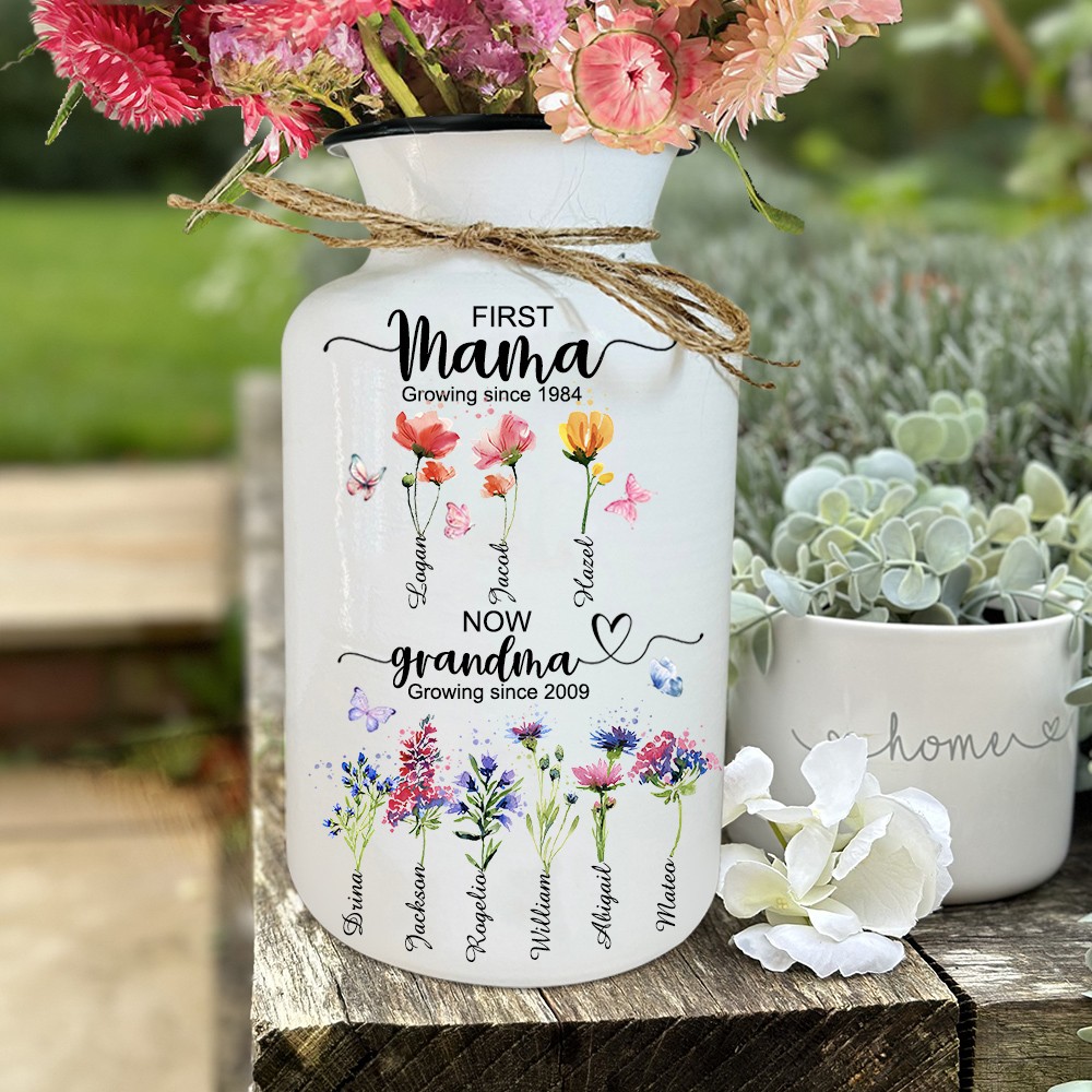 Personalized First Mama Now Grandma Birth Flower Vase with Names Mother's Day Gift 