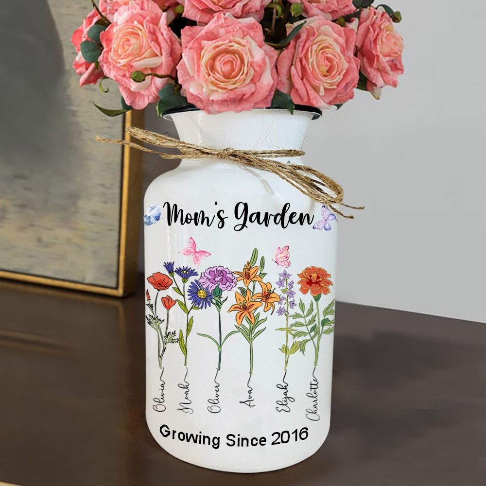 Personalized Birth Flower Print Art Vase with Names Mother's Day Gift 