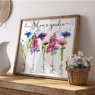 Custom Mom's Garden Birth Flower Frame Wood Sign with Kids Names Unique Gifts for Mom Grandma Mother's Day Gift Ideas