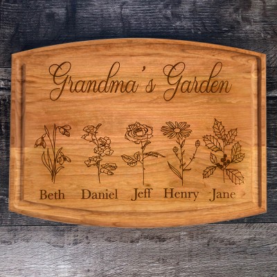 Custom Nana's Kitchen Birth Flower Cutting Board with Grandkids Names Unique Gifts for Mom Grandma