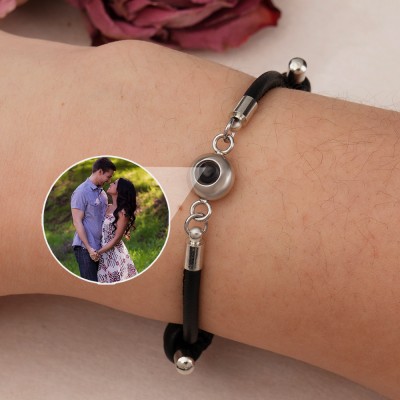 Personalized Photo Projection Leather Bead Bracelet Keepsake Gift For Girlfriend Anniversary Gift For Couple