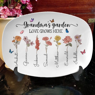 Personalized Mom's Garden Birth Month Flower Platter with Kids Names New Mom Gift Mother's Day Gifts for Mom Grandma