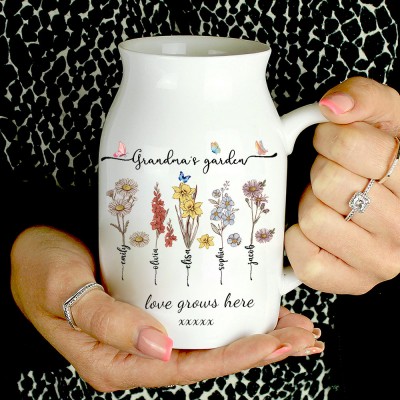 Personalized Grandma's Garden Love Grows Here Birth Flower Vase Unique Gift Ideas for Mom Grandma