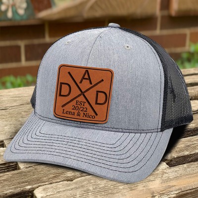 Custom Dad Real Leather Patch Hat With Date And Kids Names New Dad Gift Ideas Meaningful Gift for Papa