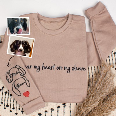 I Wear My Heart on My Sleeve Custom Embroidered Pet Ears Outline Sweatshirt Hoodie Gifts for Dog Lover