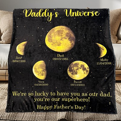 Personalized Daddy's Universe Moon Phase Blanket With Kids Names Family Gift Birthday Gift Unique Gift For Dad