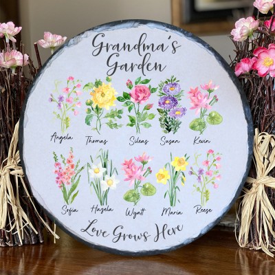 Personalized Grandma's Garden Birth Flower Plaque With Names Custom Meaningful Gift Ideas for Grandma Mom Mother's Day Gift