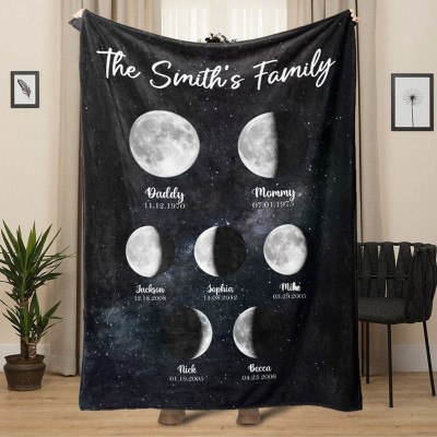 Personalized Moon Phase Family Blanket with Kids Names Family Keepsake Gifts