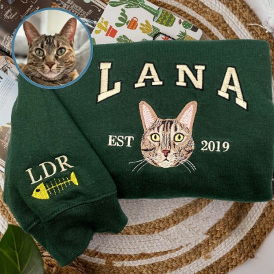 Personalized Embroidered Cat Face Photo Sweatshirt Hoodie With Date Unique Gift For Pet Lover