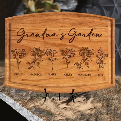 Personalized Grandma's Garden Birth Month Flower Cutting Board with Kids Names Unique Gifts for Grandma Mom