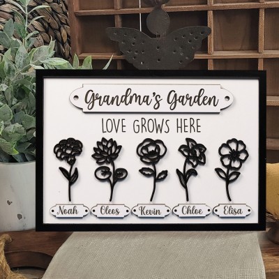 Custom Grandma's Garden Wooden Birth Flower Frame Sign With Grandkids Names Family Gift Ideas For Mom Grandma Mother's Day Gift