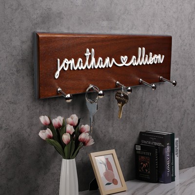 Personalized Name Engraved Wood Key Holder with Hooks New Home Gift for Couple Wedding Gift