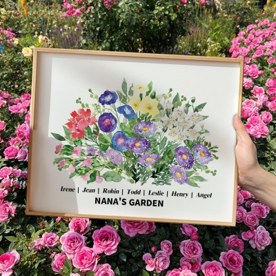 Personalized Nana's Garden Birth Flower Bouquet Frame with Kids Names Gifts for Mom Grandma Christmas Gift