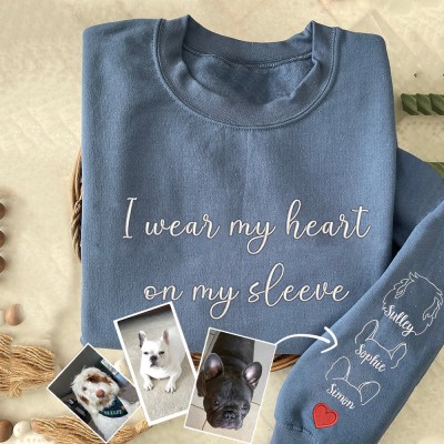 Custom I Wear My Heart on My Sleeve Embroidered Pet Ears Outline Sweatshirt Hoodie Gifts for Pet Lover