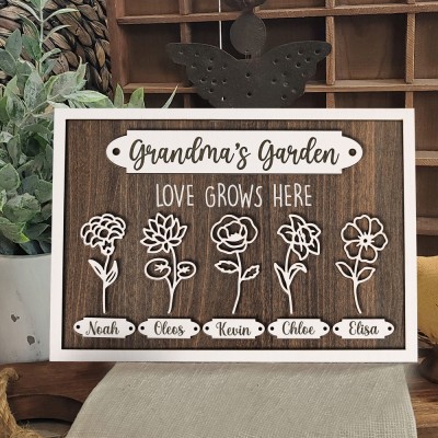 Personalized Grandma's Garden Birth Flower Frame Sign With Grandkids Names Gift For Mom Grandma Mother's Day Gift Ideas