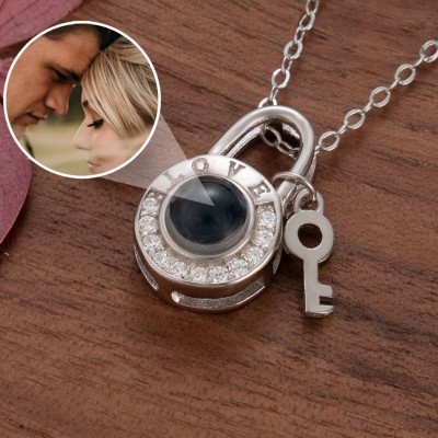 Personalized Lock Key LOVE Pendant Photo Projection Necklace Unique Gifts For Couple Anniversary Gift For Her