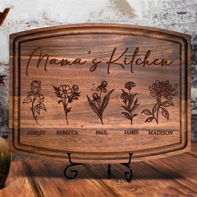 Custom Mama's Kitchen Birth Month Flower Cutting Board with Kids Names Family Gifts for Mom Grandma