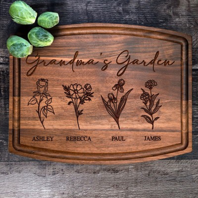 Custom Grandma's Garden Birth Month Flower Cutting Board with Engraved Names Gifts for Mom Grandma