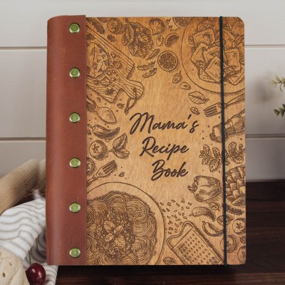 Personalized Leather Bound Journal Recipe Book Wooden Cover Notebook for Mom Christmas Gift Ideas