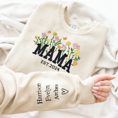 Personalized Mama Embroidered Sweatshirt Hoodie with Names On The Sleeve Mother's Day Gift 