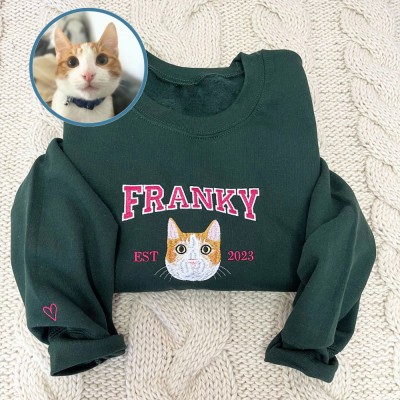 Custom Cat Portrait Embroidered Sweatshirt Hoodie With Date Unique Gift for Pet Lovers