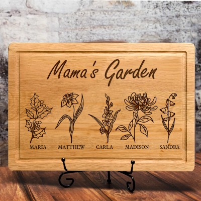 Personalized Mama's Garden Birth Month Flower Cutting Board with Kids Names Gifts for Grandma Mom