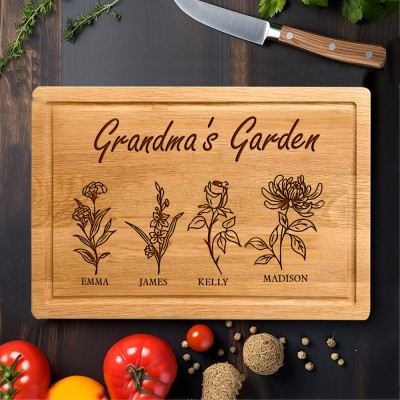 Custom Grandma's Garden Birth Month Flower Cutting Board with Grandkids Names Unique Gifts for Mom Grandma