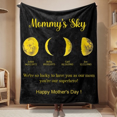 Mommy's Sky Personalized Moon Phase Blanket With Kids Names and Date Unique Gift For Mom Mother's Day Gift Ideas