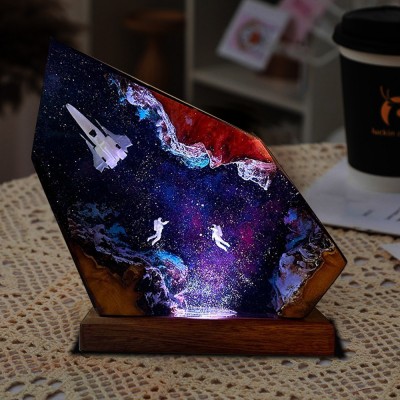 Space Resin Night Light with Astronaut Rocket Resin Wood Lamp Unique Birthday Gift Christmas Gift Ideas