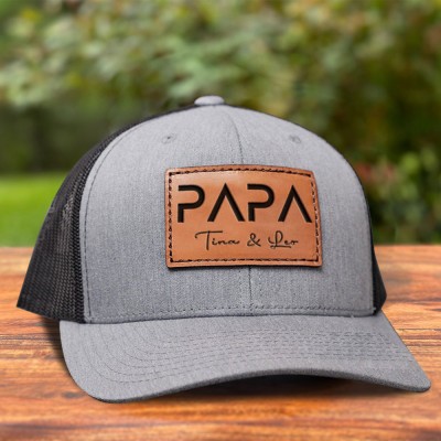 Personalized Papa Real Leather Patch Hat With Kids Names New Dad Gift Ideas Unique Gift for Dad