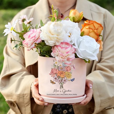 Personalized Mom's Garden Outdoor Birth Flower Bouquet Pot With Kids Names Keepsake Gifts For Mom Grandma Mother's Day Gift Idea