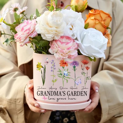 Personalized Grandma's Garden Love Grows Here Birth Flower Pot With Grandkids Names Unique Mother's Day Gift Ideas