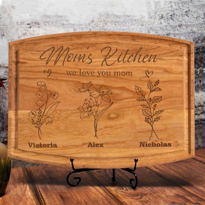 Custom Mom's Kitchen Birth Flower Cutting Board with Kid Names Keepsake Gifts for Mom Grandma