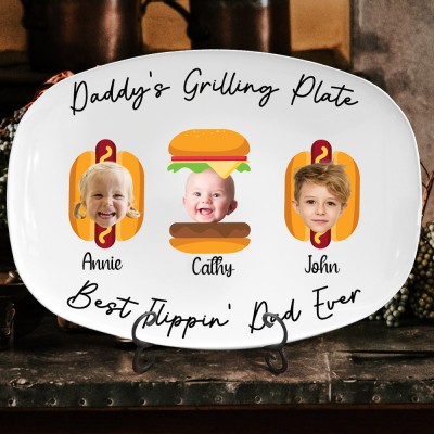 Custom Art Print Burger and Hot Dog Daddy's Grilling Plate With Kids Names Best Father's Day Gift Ideas