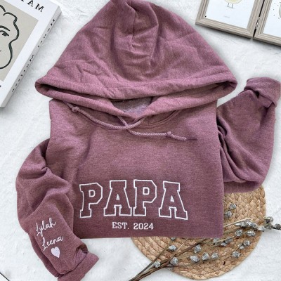 Personalized Papa Embroidered Sweatshirt Hoodie With Kids Names On The Sleeve Father's Day Special Gift Ideas