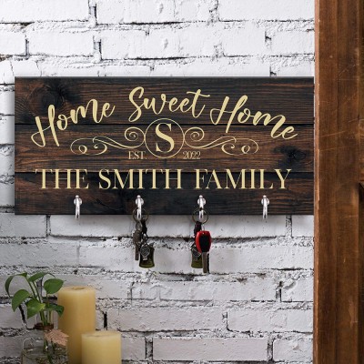 Personalized Engraved Wood Key Holder with Family Name For Wall Housewarming Gift for Couple Wedding Gift