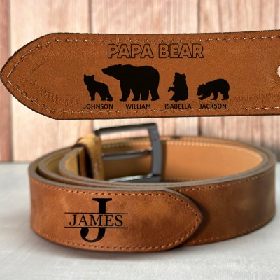 Personalized Papa Bear Leather Belt with Engraved Kids Names Father's Day Gift