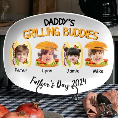 Daddy's Grilling Buddies Personalized Grilling Plate with Photo and Kids Name Funny Gifts for Dad Father's Day Gift