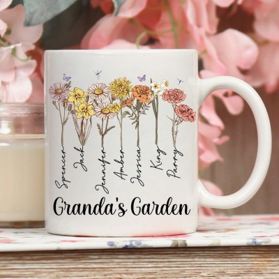 Custom Grandma's Garden Water Color Birth Flower Mug With Grandkids Names Mother's Day Gift Preparing Gift For Mom Grandma